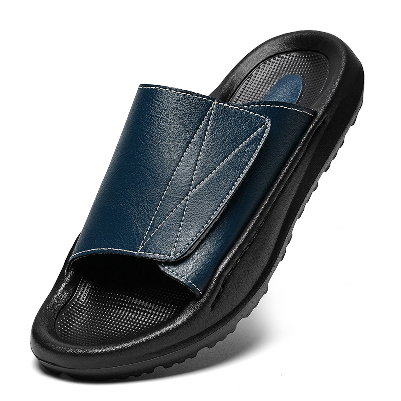 Men'S Shoes With Velcro - 남성용 이지탑 가죽 슬라이드 슬리퍼, 조절