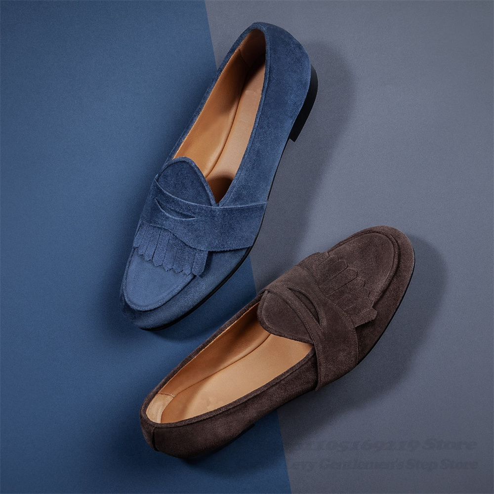 Men Shoes Elegant - 네이비 블루 스웨이드 로퍼 남성용 라운드