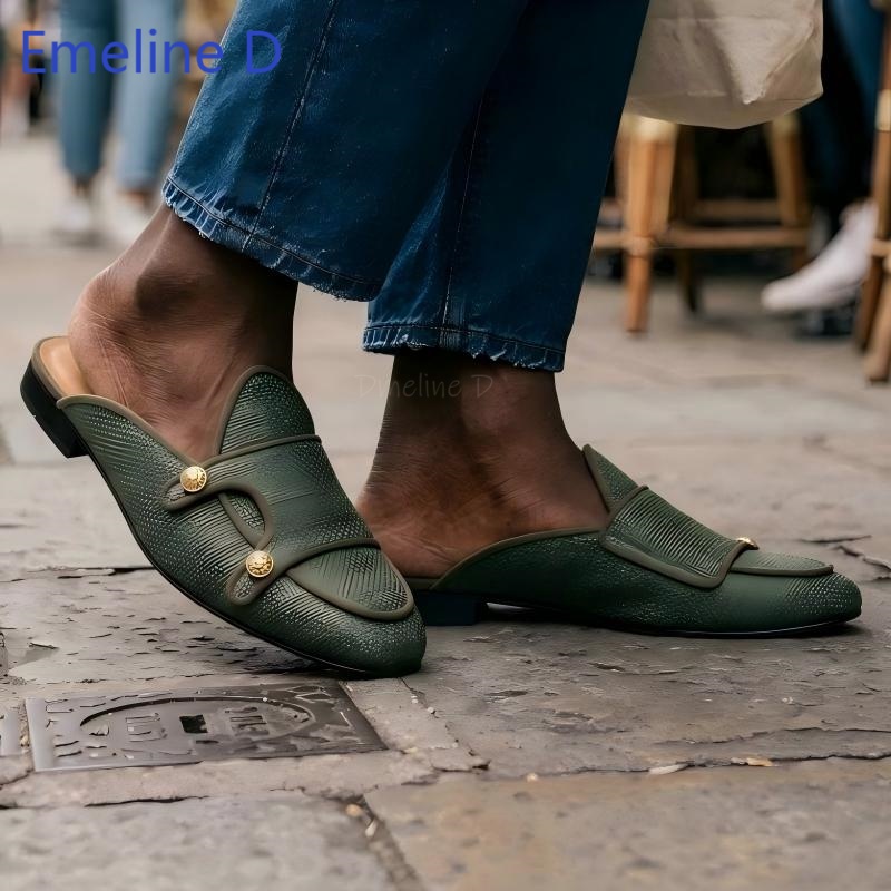 짠 직물 소재의 백리스 로퍼 뮬, 금속 버튼 장식, 낮 - Men Shoes Loafers 리뷰 및 가격