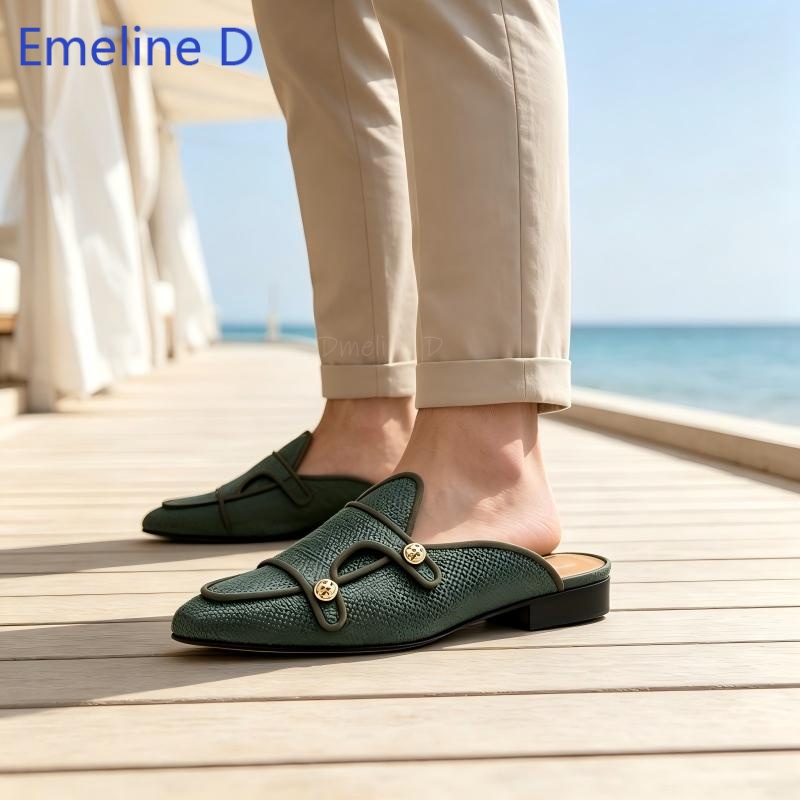 짠 직물 소재의 백리스 로퍼 뮬, 금속 버튼 장식, 낮 - Men Shoes Loafers 리뷰 및 가격