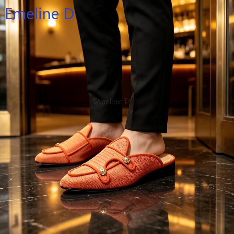 짠 직물 소재의 백리스 로퍼 뮬, 금속 버튼 장식, 낮 - Men Shoes Loafers 리뷰 및 가격