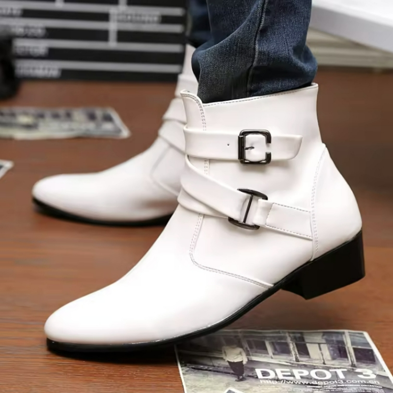 럭셔리 남성 부츠 가죽 첼시 부츠 하이 탑 버클 스트랩 - Men Shoes White Colour 리뷰 및 가격