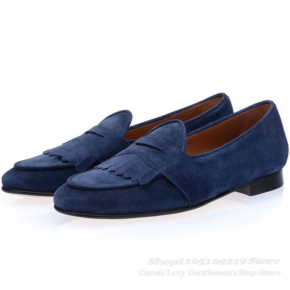 네이비 블루 스웨이드 로퍼 남성용 라운드 토 가죽 프린 - Men Shoes Elegant 리뷰 및 가격